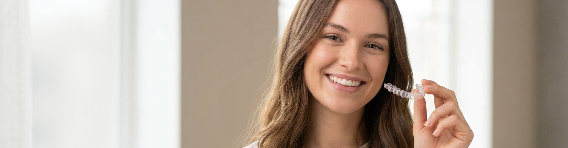 Smiling woman holding a clear Invisalign aligner, highlighting discreet teeth straightening at Dental Specialists of Riverside.